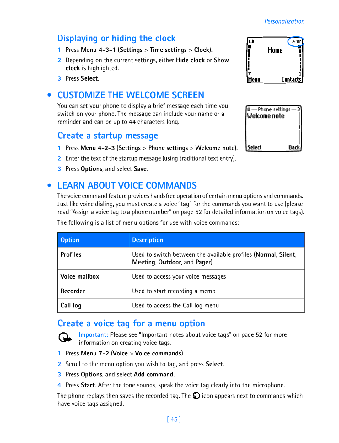 Nokia 3589i manual Displaying or hiding the clock, Customize the Welcome Screen, Create a startup message 