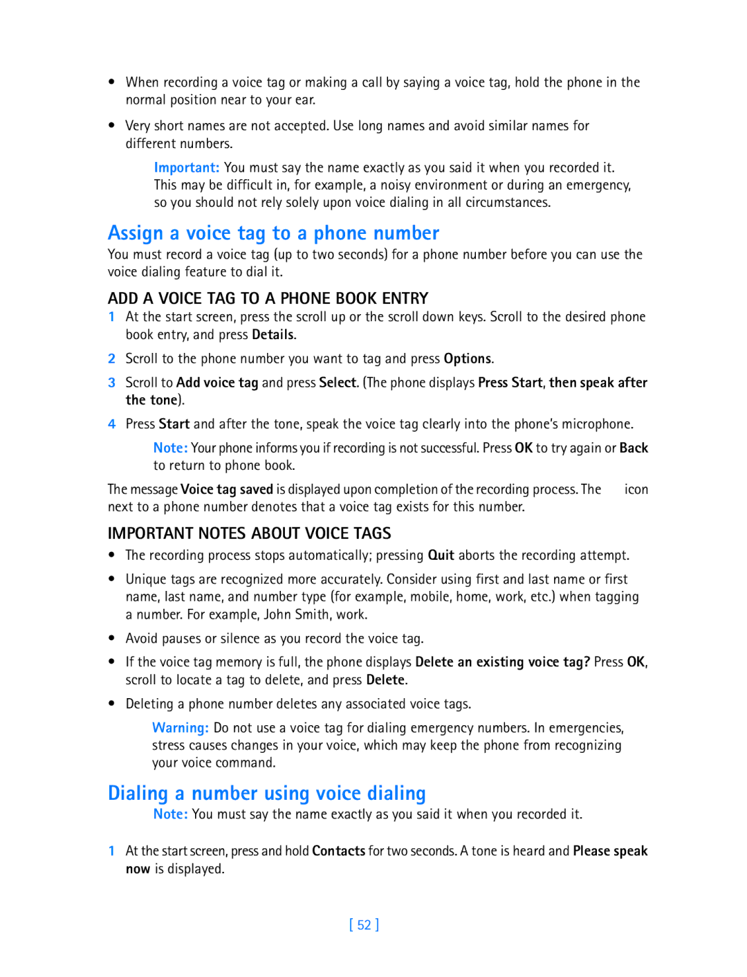 Nokia 3589i Assign a voice tag to a phone number, Dialing a number using voice dialing, Important Notes about Voice Tags 
