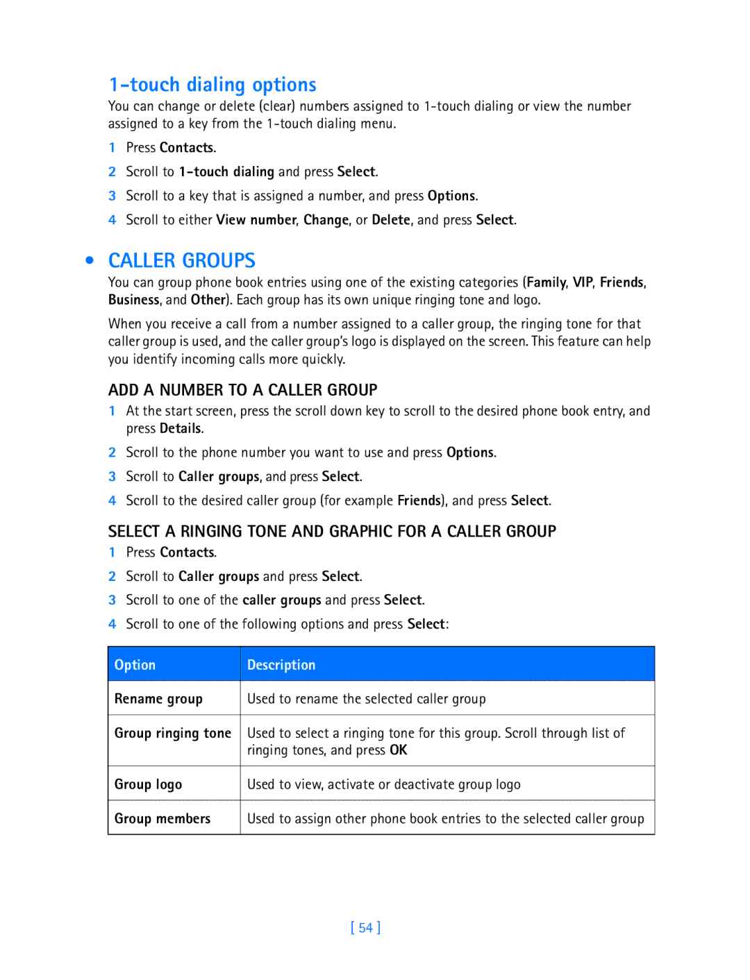 Nokia 3589i manual Touch dialing options, Caller Groups, ADD a Number to a Caller Group, Ringing tones, and press OK 