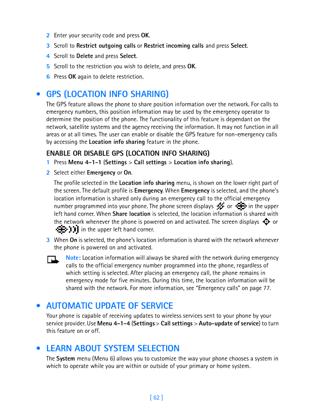 Nokia 3589i manual GPS Location Info Sharing, Automatic Update of Service, Learn about System Selection 