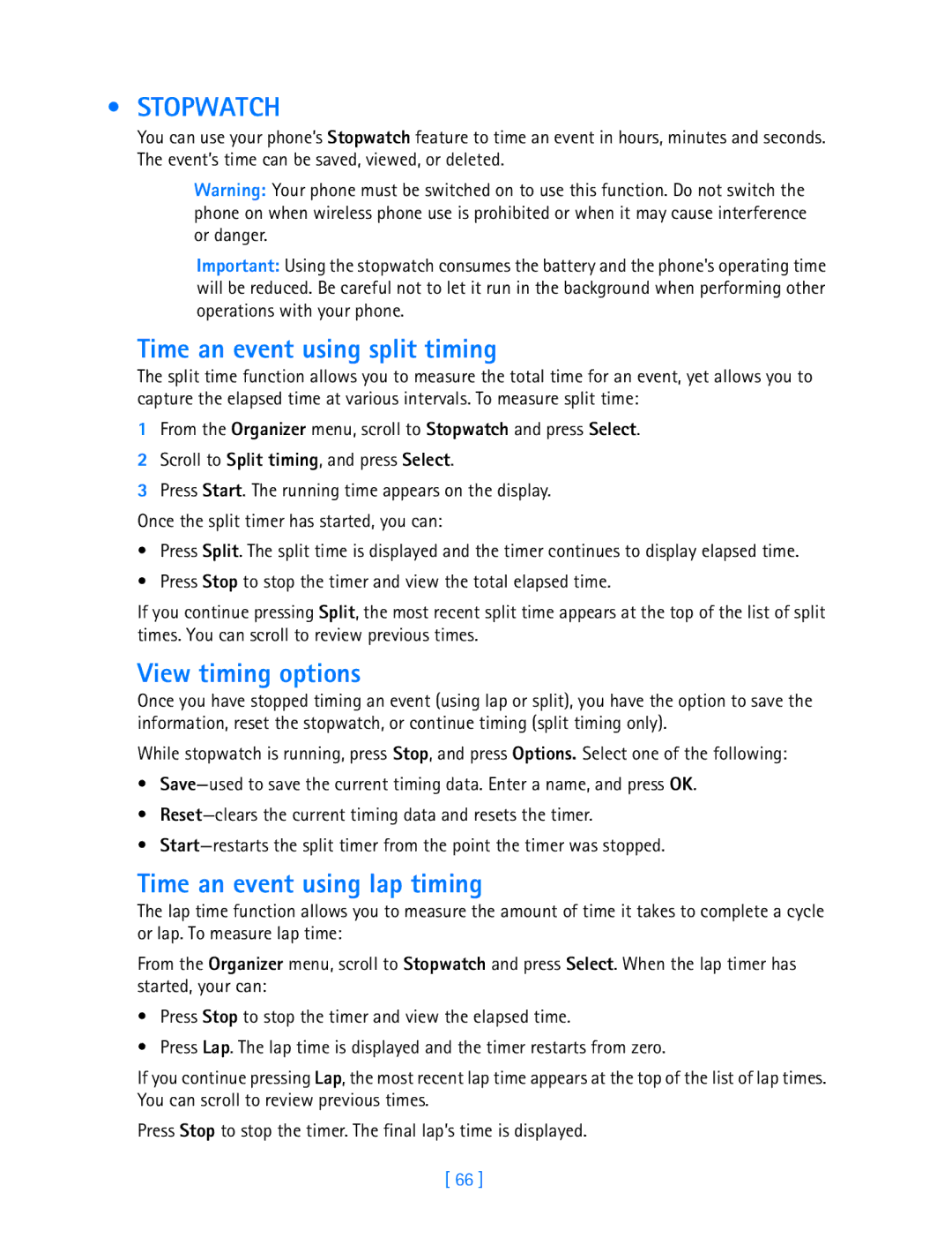 Nokia 3589i manual Stopwatch, Time an event using split timing, View timing options, Time an event using lap timing 