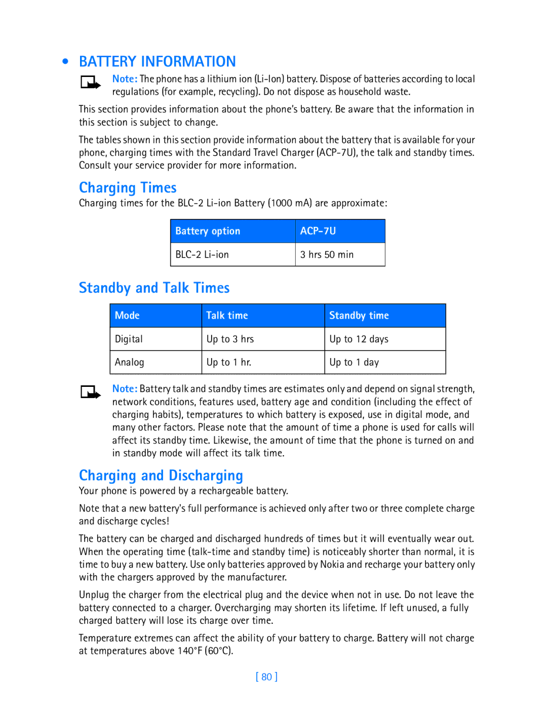 Nokia 3589i manual Battery Information, Charging Times, Standby and Talk Times, Charging and Discharging 