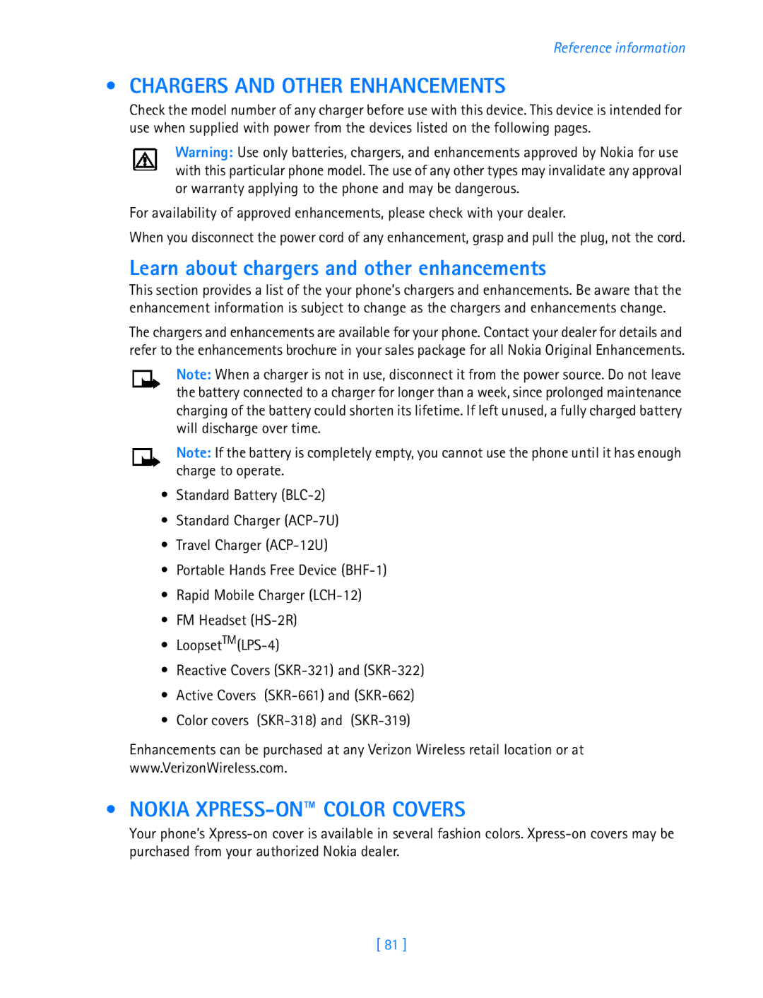 Nokia 3589i Chargers and Other Enhancements, Learn about chargers and other enhancements, Nokia XPRESS-ON Color Covers 