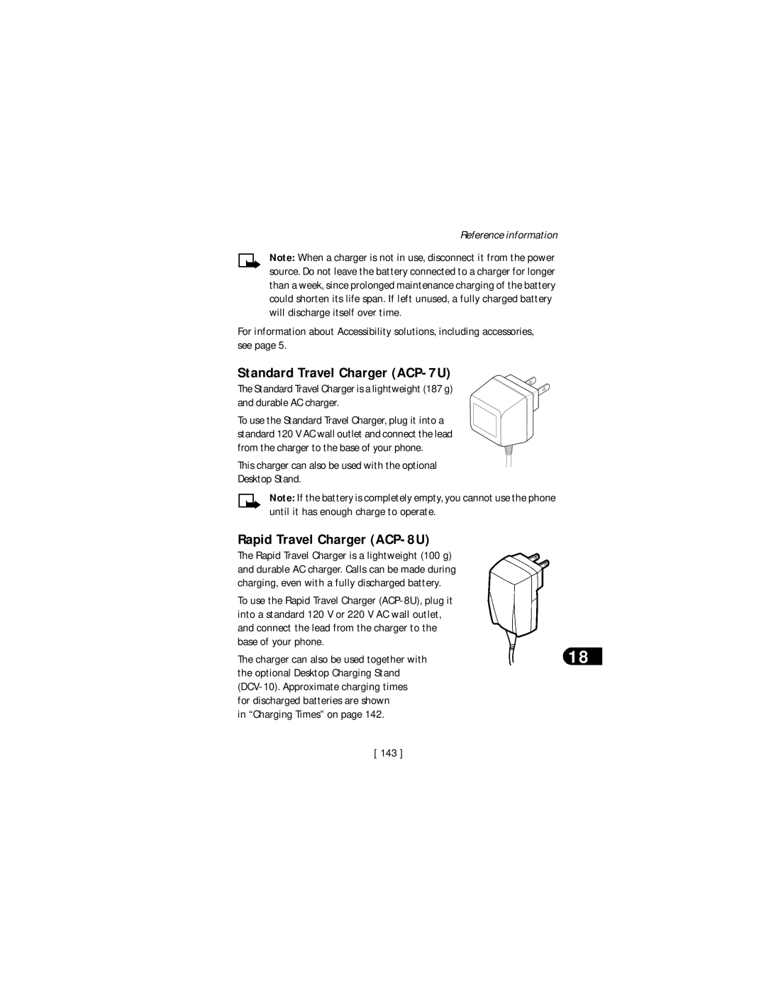 Nokia 3590 specifications Standard Travel Charger ACP-7U, Rapid Travel Charger ACP-8U, Charging Times on 143 