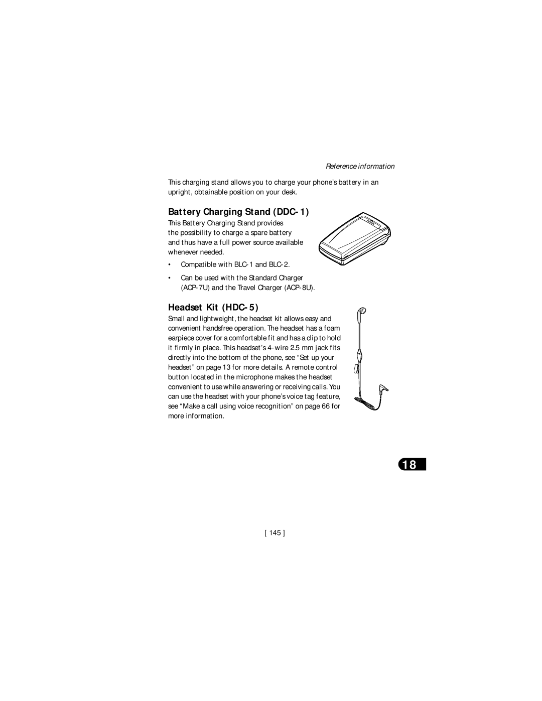 Nokia 3590 specifications Battery Charging Stand DDC-1, Headset Kit HDC-5, 145 