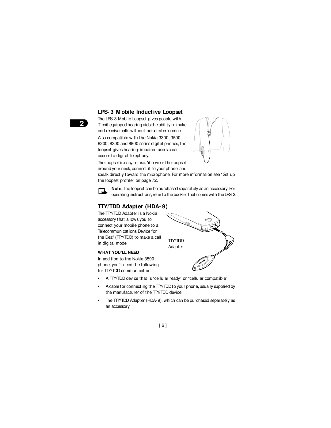 Nokia 3590 LPS-3 Mobile Inductive Loopset, TTY/TDD Adapter HDA-9, LPS-3 Mobile Loopset gives people with, What YOU’LL Need 