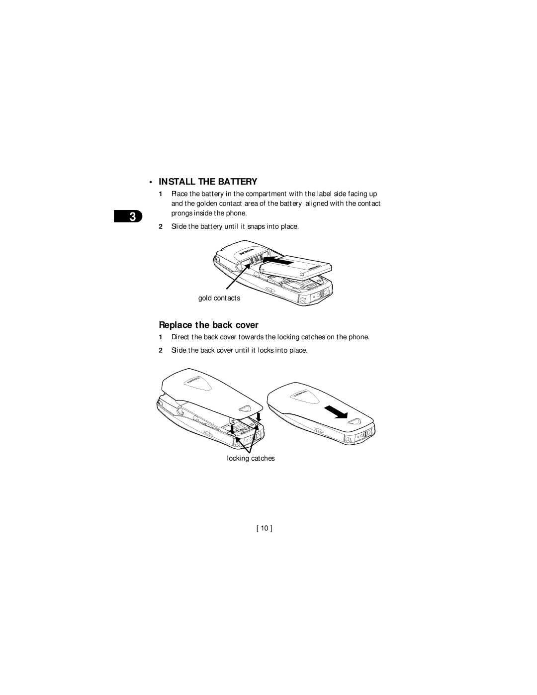 Nokia 3590 Install the Battery, Replace the back cover, Slide the battery until it snaps into place Gold contacts 