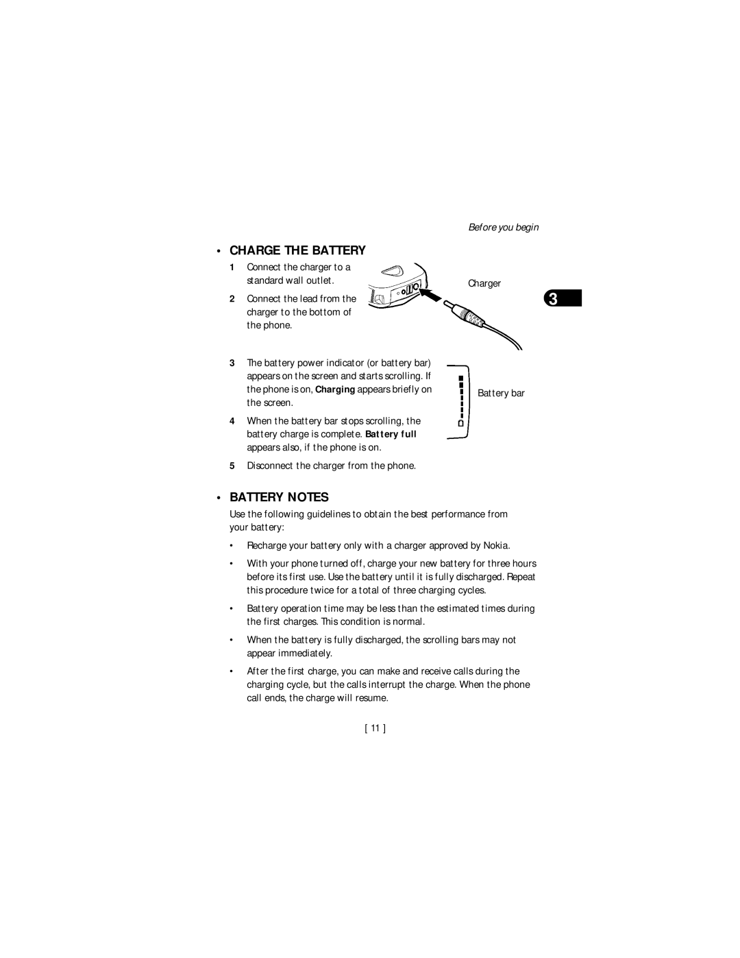 Nokia 3590 specifications Charge the Battery, Battery Notes, Disconnect the charger from the phone, Charger Battery bar 