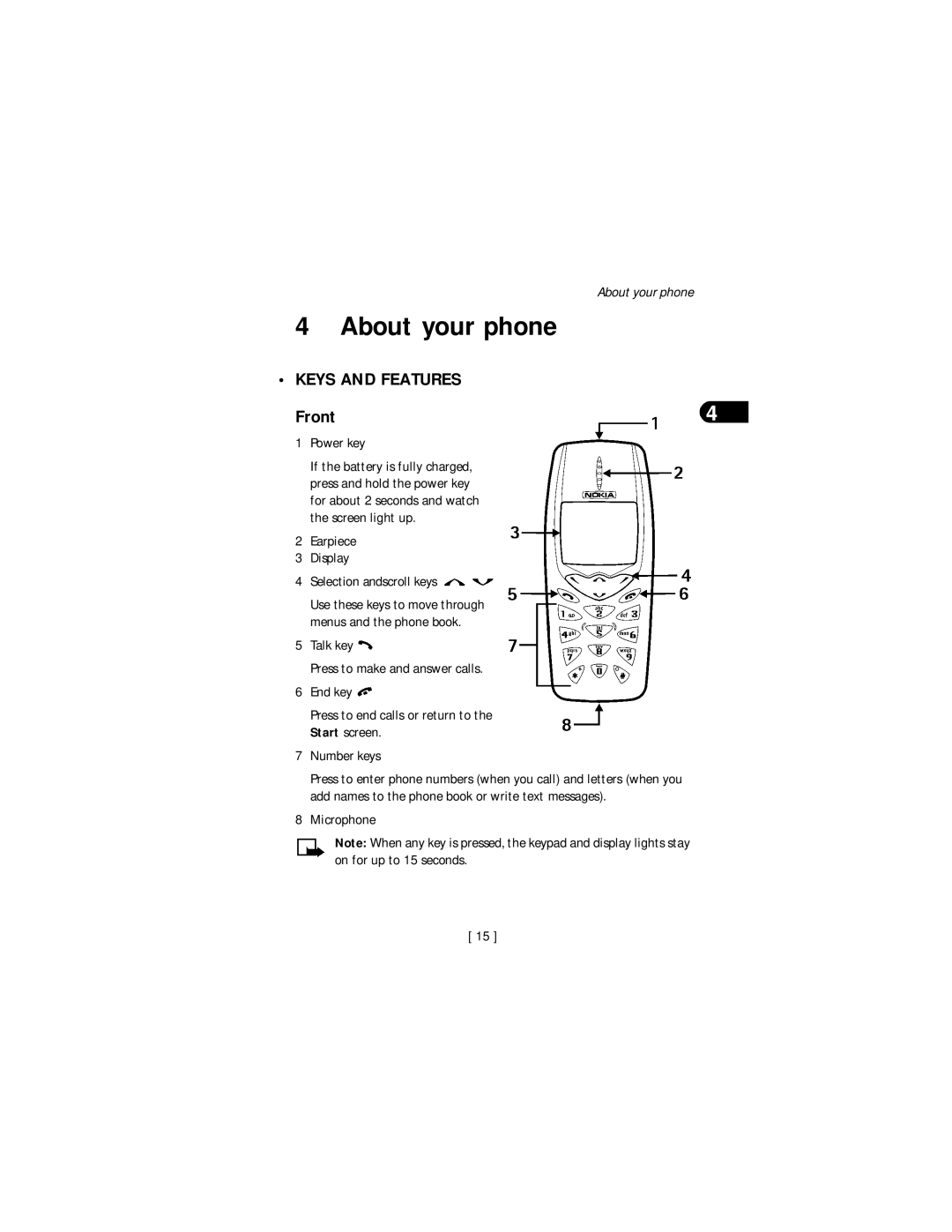 Nokia 3590 About your phone, Keys and Features Front, Power key, Earpiece Display Selection andscroll keys, Microphone 