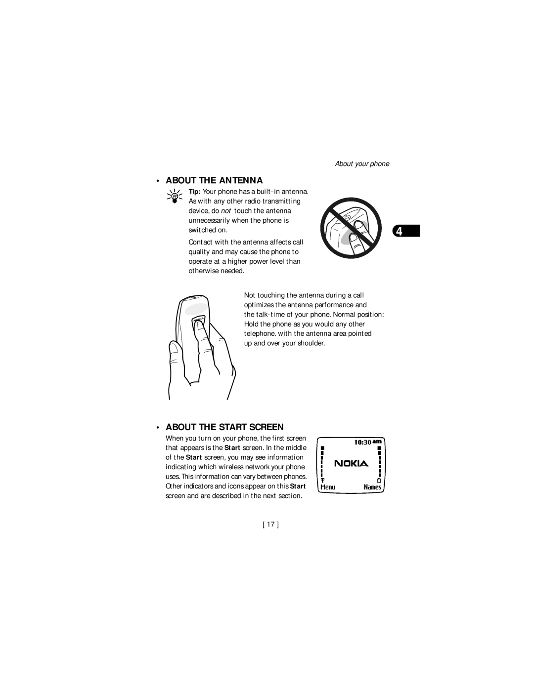 Nokia 3590 specifications About the Antenna, About the Start Screen 