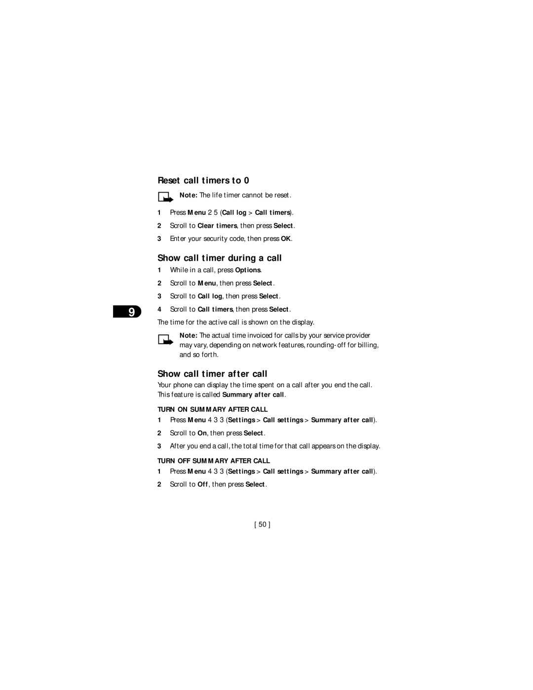 Nokia 3590 Reset call timers to, Show call timer during a call, Show call timer after call, Turn on Summary After Call 