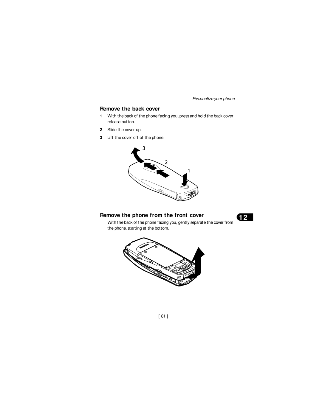 Nokia 3590 specifications Remove the back cover, Remove the phone from the front cover 