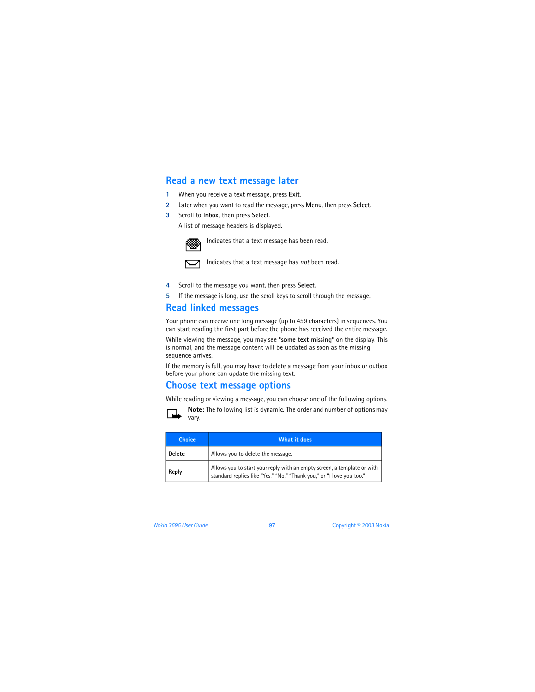 Nokia 3595 manual Read a new text message later, Read linked messages, Choose text message options, Reply 