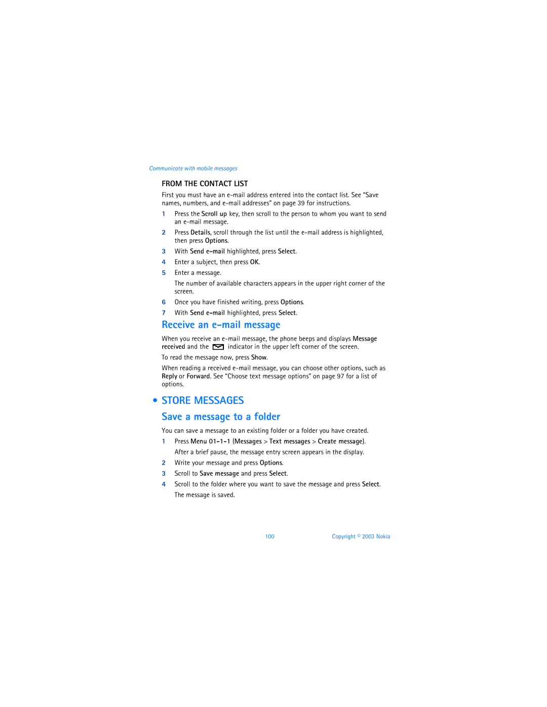 Nokia 3595 manual Receive an e-mail message, Store Messages, Save a message to a folder, From the Contact List, Options 