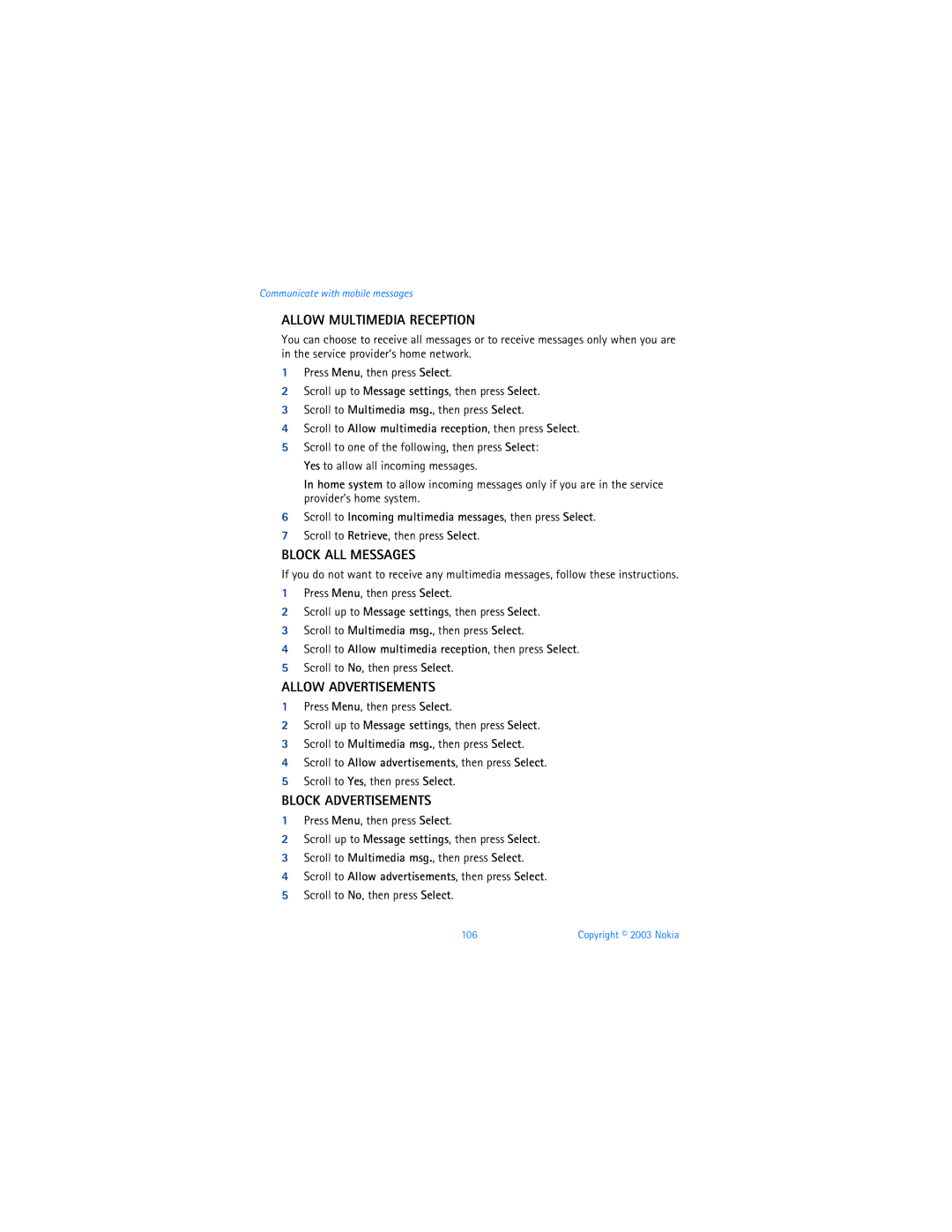 Nokia 3595 manual Allow Multimedia Reception, Block ALL Messages, Allow Advertisements, Block Advertisements 