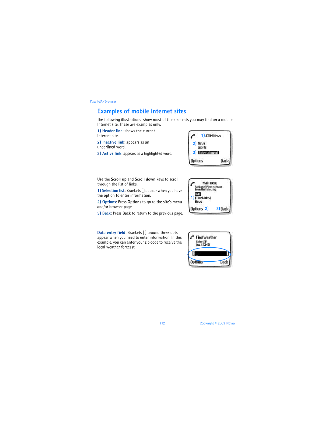 Nokia 3595 manual Examples of mobile Internet sites, Active link appears as a highlighted word 