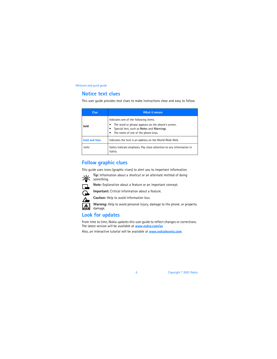 Nokia 3595 manual Follow graphic clues, Look for updates, Clue What it means, Bold 