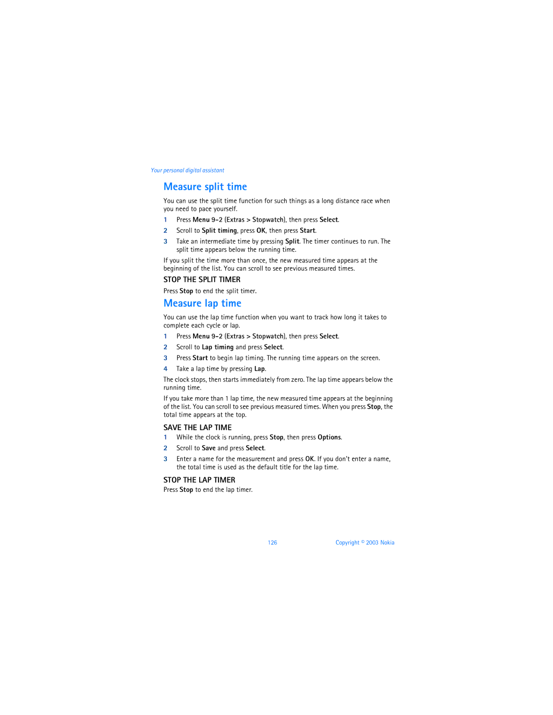 Nokia 3595 manual Measure split time, Measure lap time, Stop the Split Timer, Save the LAP Time, Stop the LAP Timer 