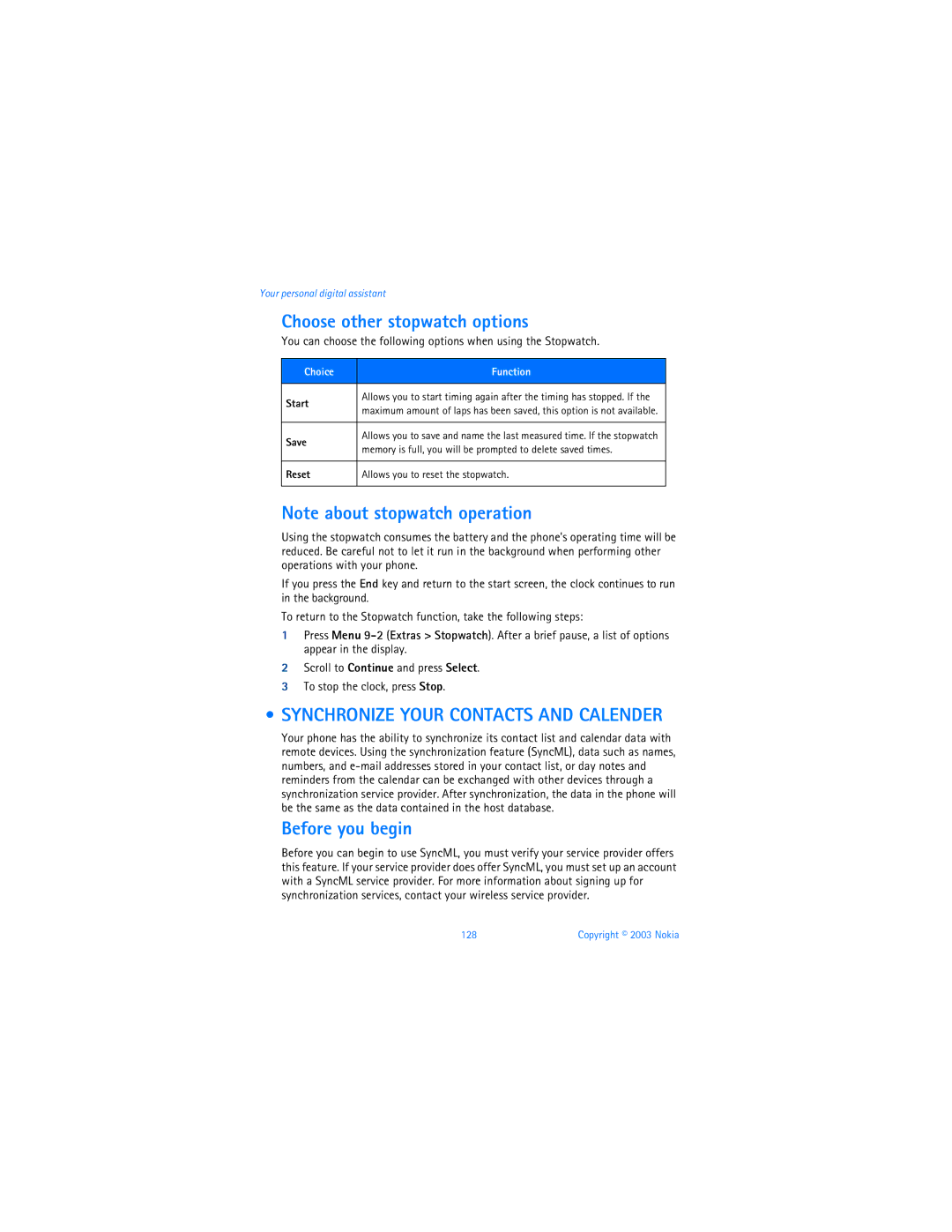 Nokia 3595 manual Choose other stopwatch options, Synchronize Your Contacts and Calender, Before you begin, Choice Function 