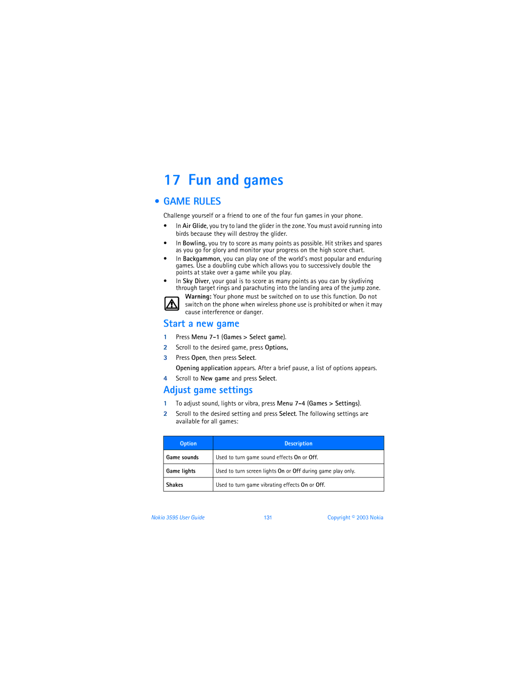 Nokia 3595 manual Fun and games, Game Rules, Start a new game, Adjust game settings, Press Menu 7-1 Games Select game 
