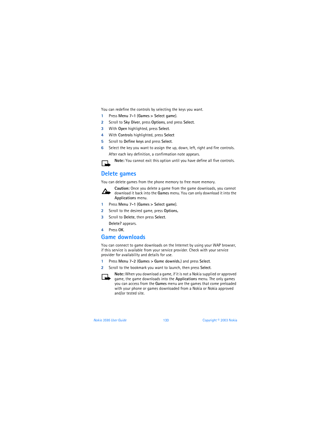 Nokia 3595 manual Delete games, Game downloads, Press Menu 7-2 Games Game downlds. and press Select 