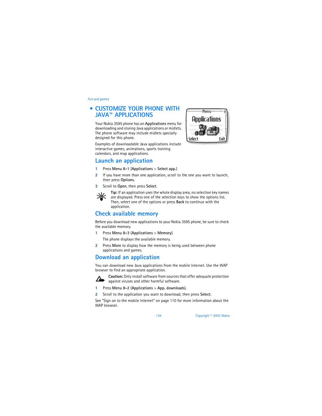 Nokia 3595 Launch an application, Check available memory, Download an application, Press Menu 8-1 Applications Select app 