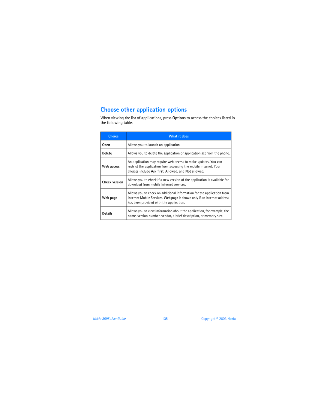 Nokia 3595 manual Choose other application options, Open, Web access, Choices include Ask first , Allowed , and Not allowed 