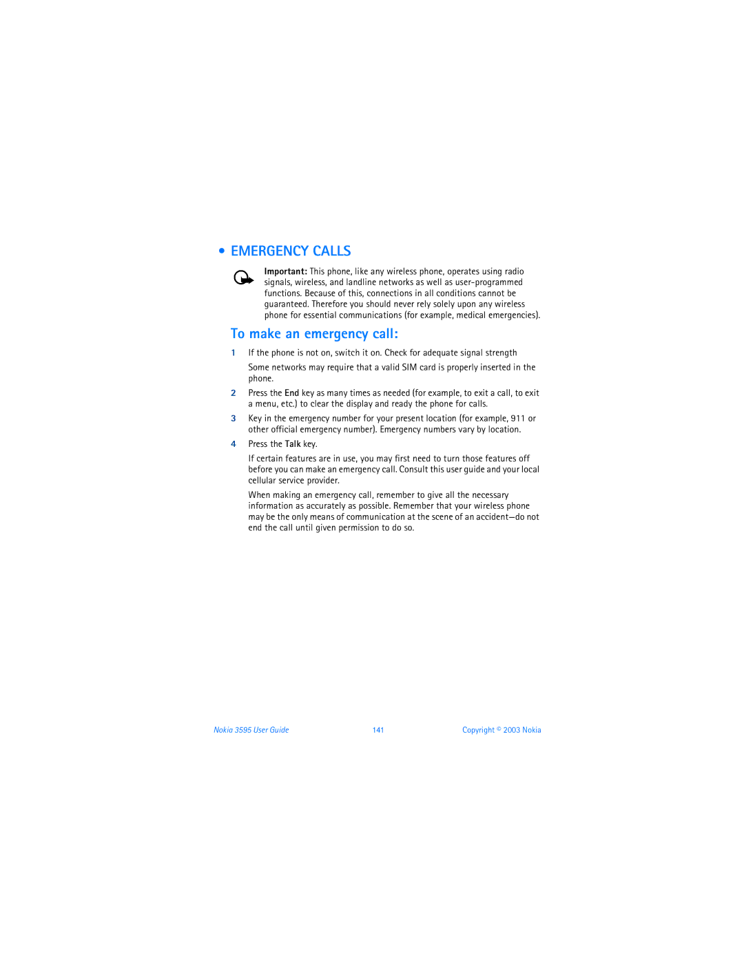 Nokia 3595 manual Emergency Calls, To make an emergency call 
