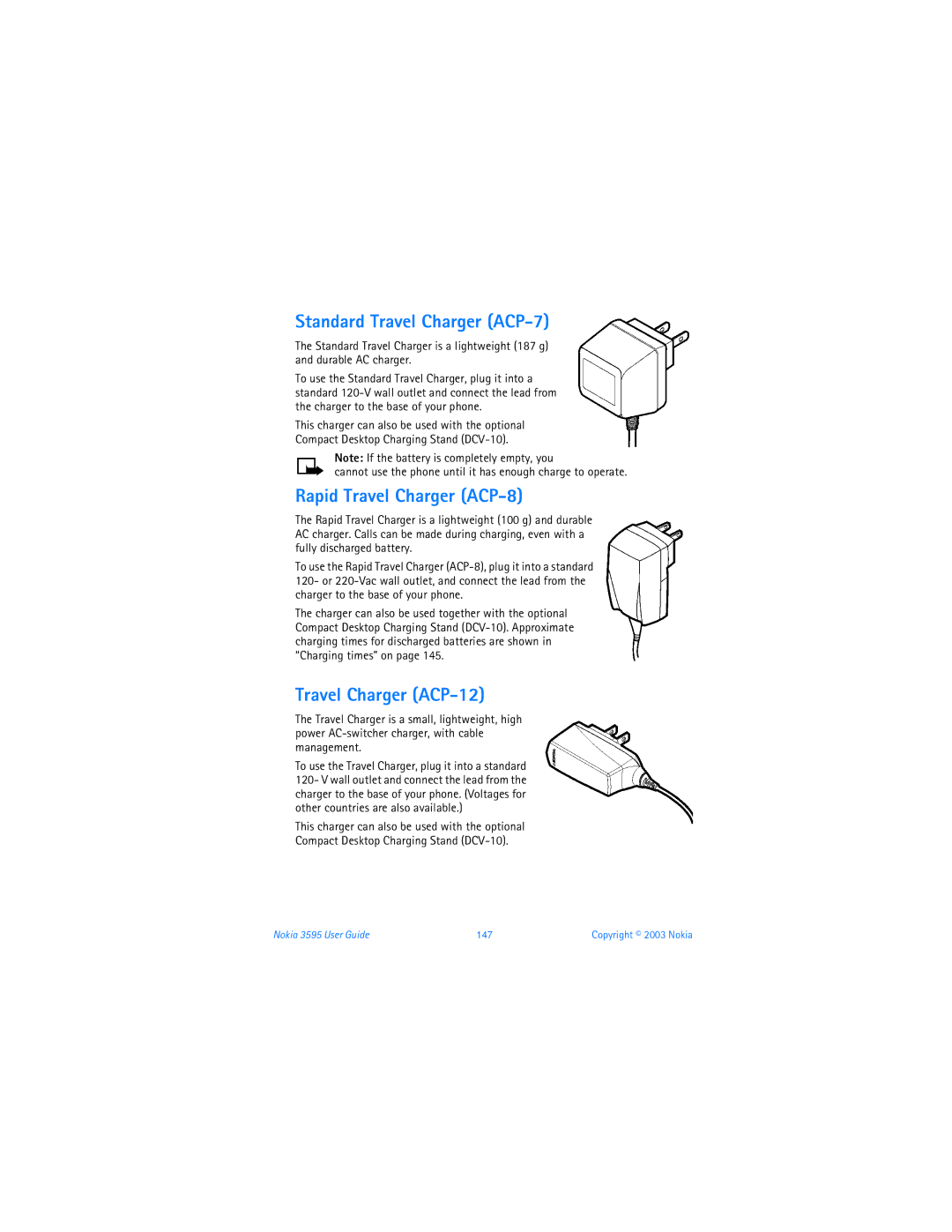 Nokia 3595 manual Standard Travel Charger ACP-7, Rapid Travel Charger ACP-8, Travel Charger ACP-12 