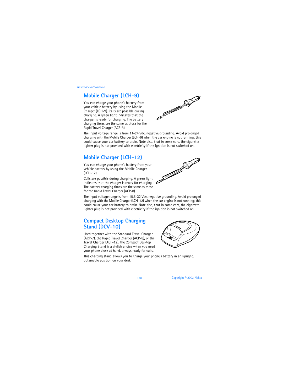 Nokia 3595 manual Mobile Charger LCH-9, Mobile Charger LCH-12, Compact Desktop Charging Stand DCV-10 