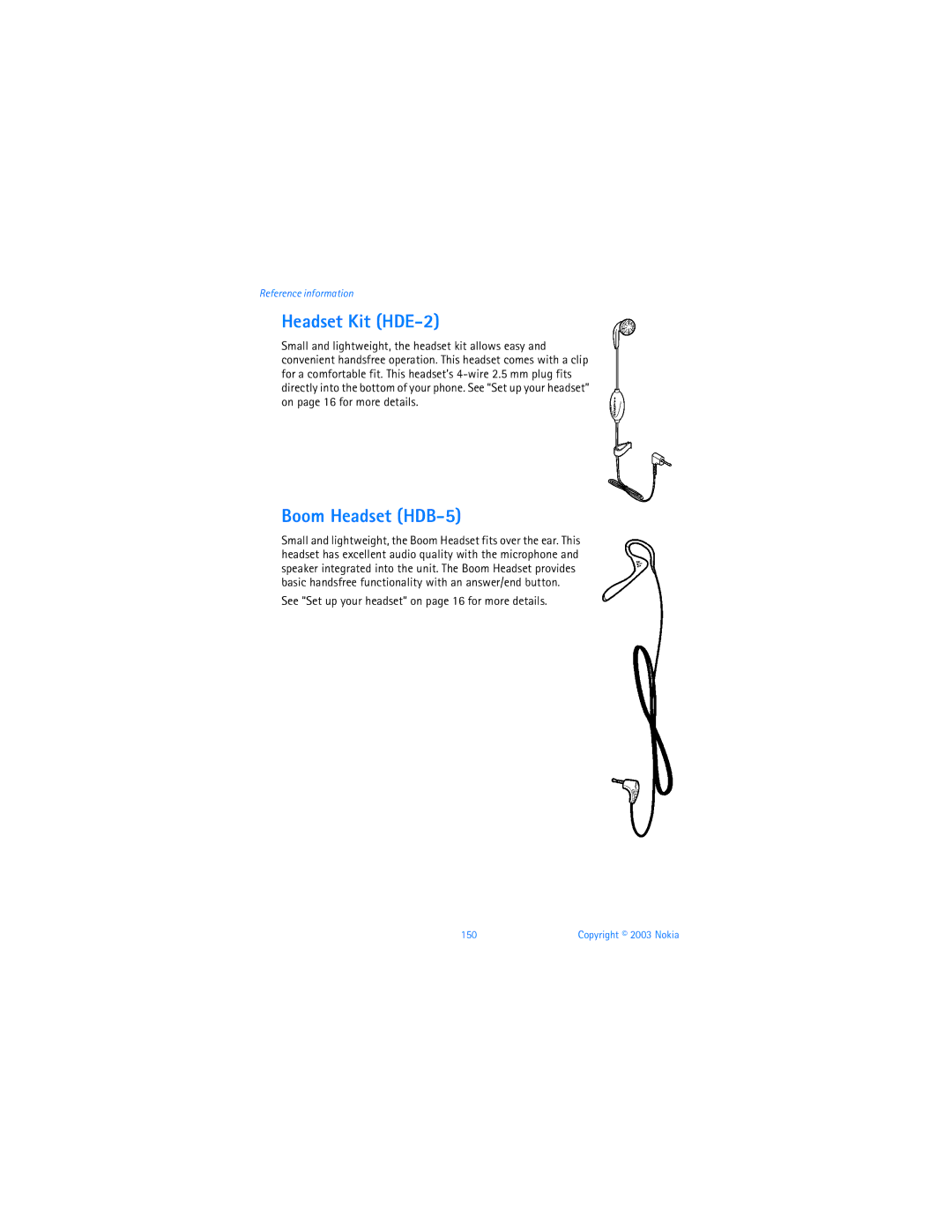 Nokia 3595 manual Headset Kit HDE-2, Boom Headset HDB-5, See Set up your headset on page 16 for more details 