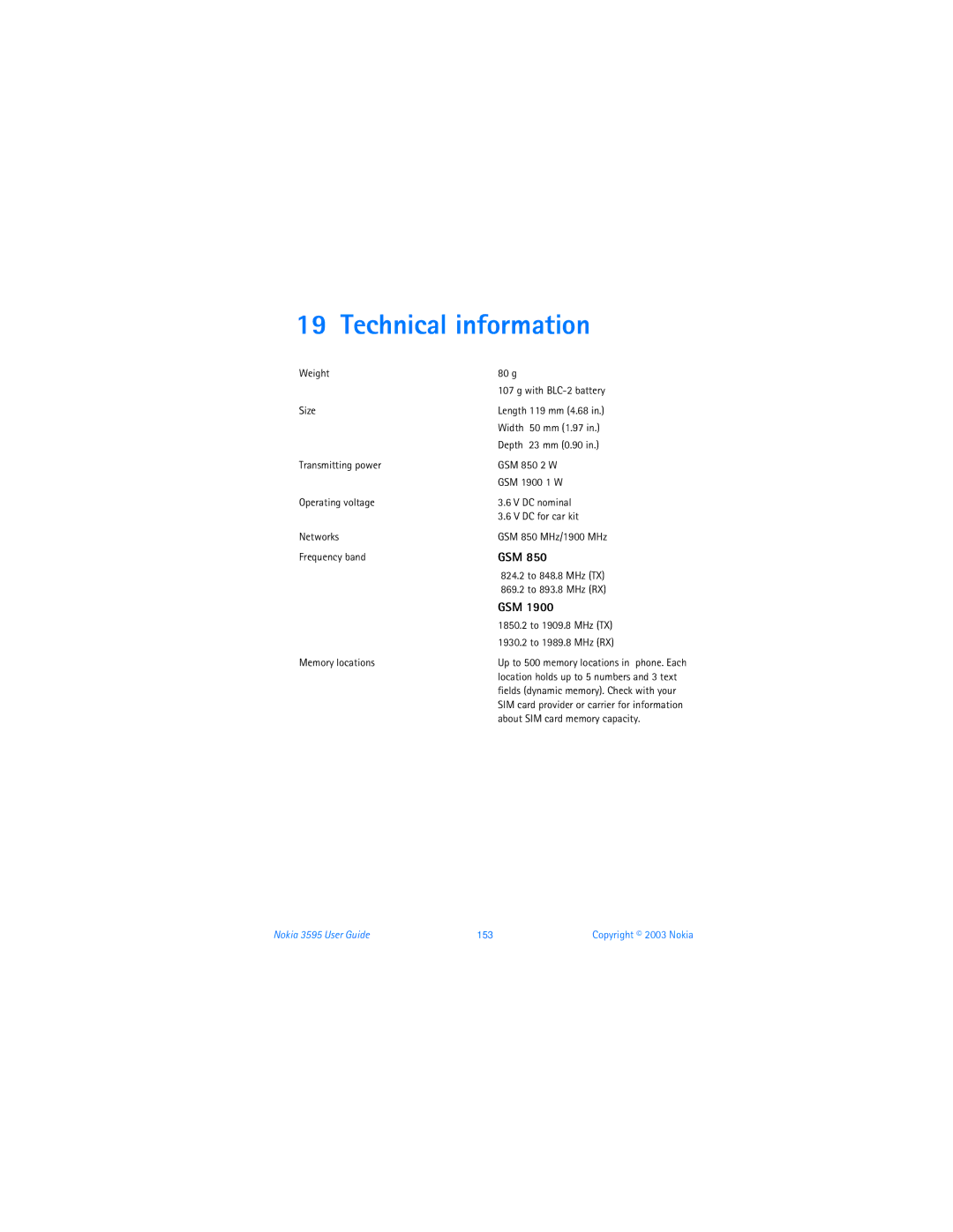 Nokia 3595 manual Technical information, Gsm 