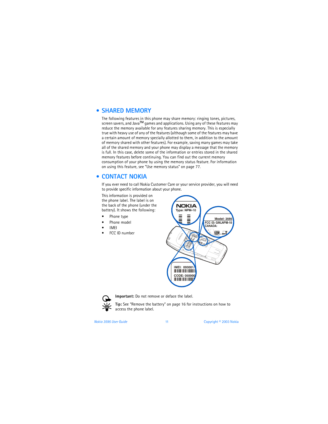 Nokia 3595 manual Shared Memory, Contact Nokia, Phone type Phone model 