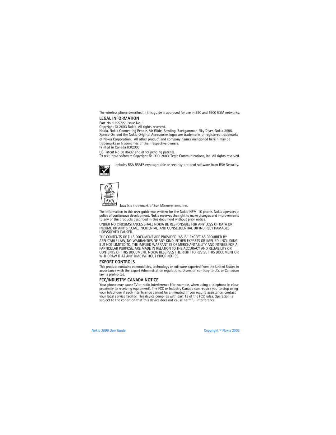 Nokia 3595 manual Legal Information 