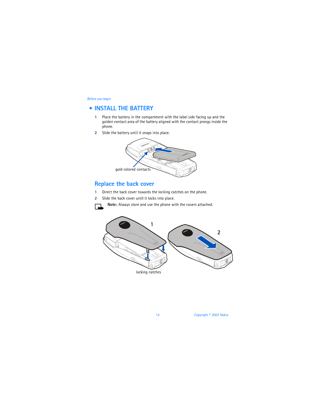 Nokia 3595 manual Install the Battery, Replace the back cover 