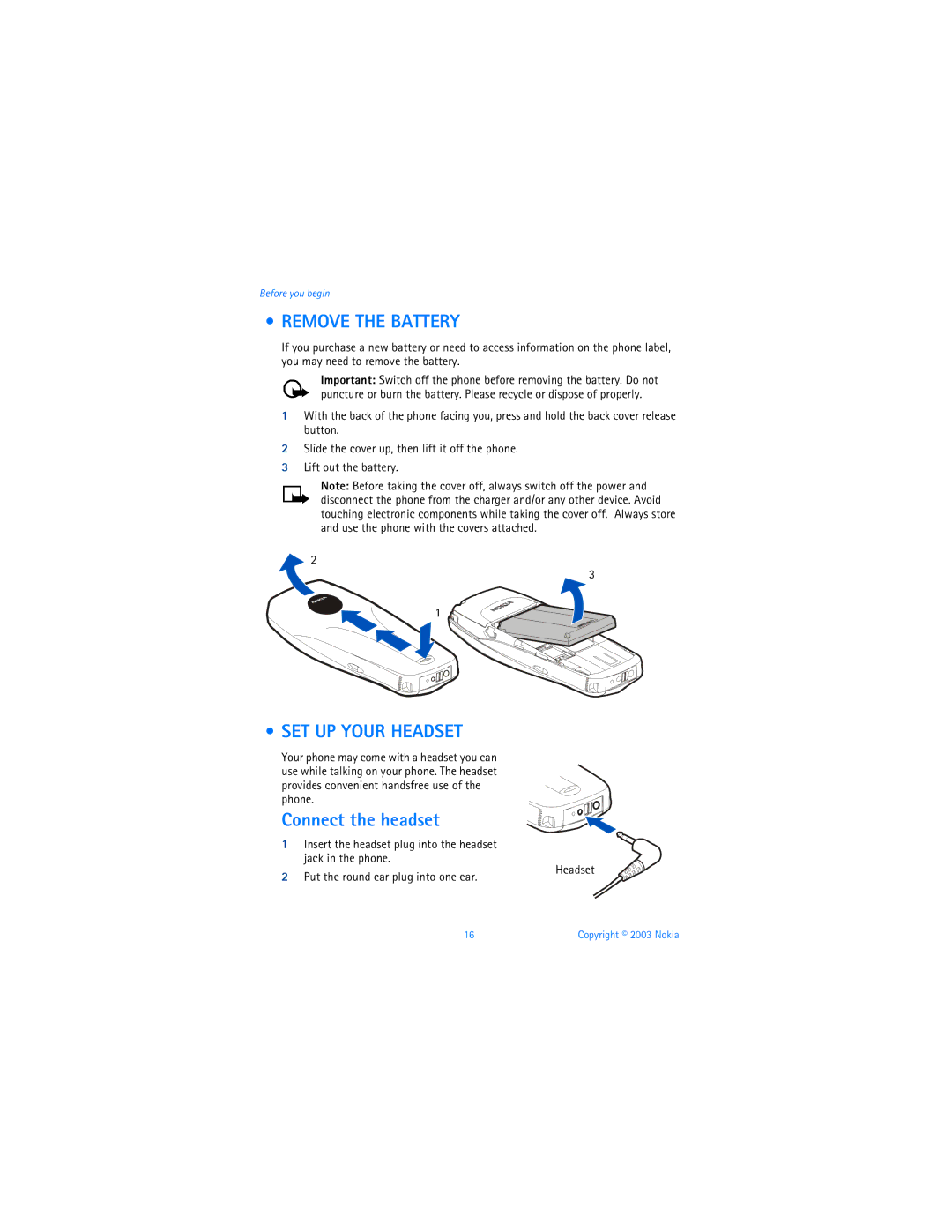 Nokia 3595 manual Remove the Battery, SET UP Your Headset, Connect the headset 