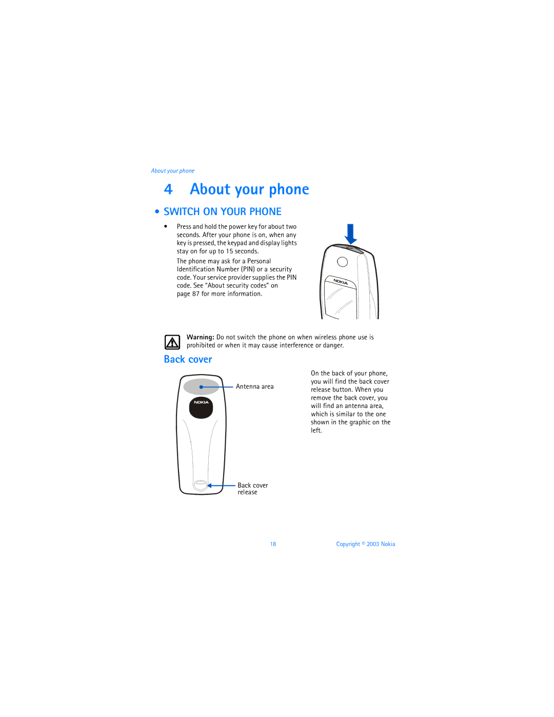 Nokia 3595 manual About your phone, Switch on Your Phone, Back cover, Antenna area 