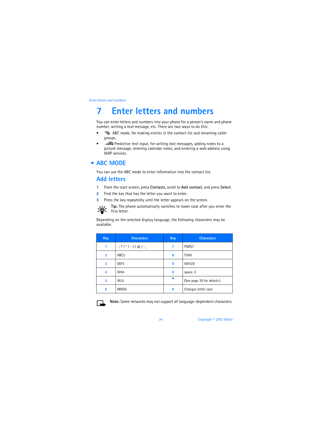 Nokia 3595 manual Enter letters and numbers, ABC Mode, Add letters, Key Characters 