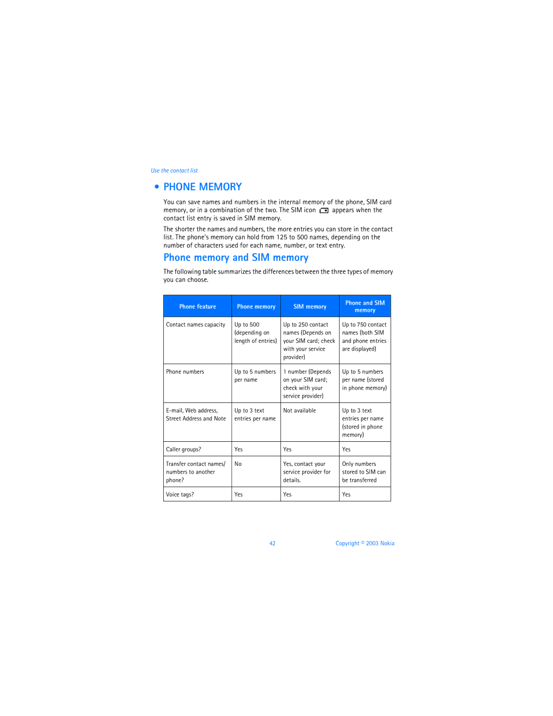 Nokia 3595 manual Phone Memory, Phone memory and SIM memory, Phone feature 