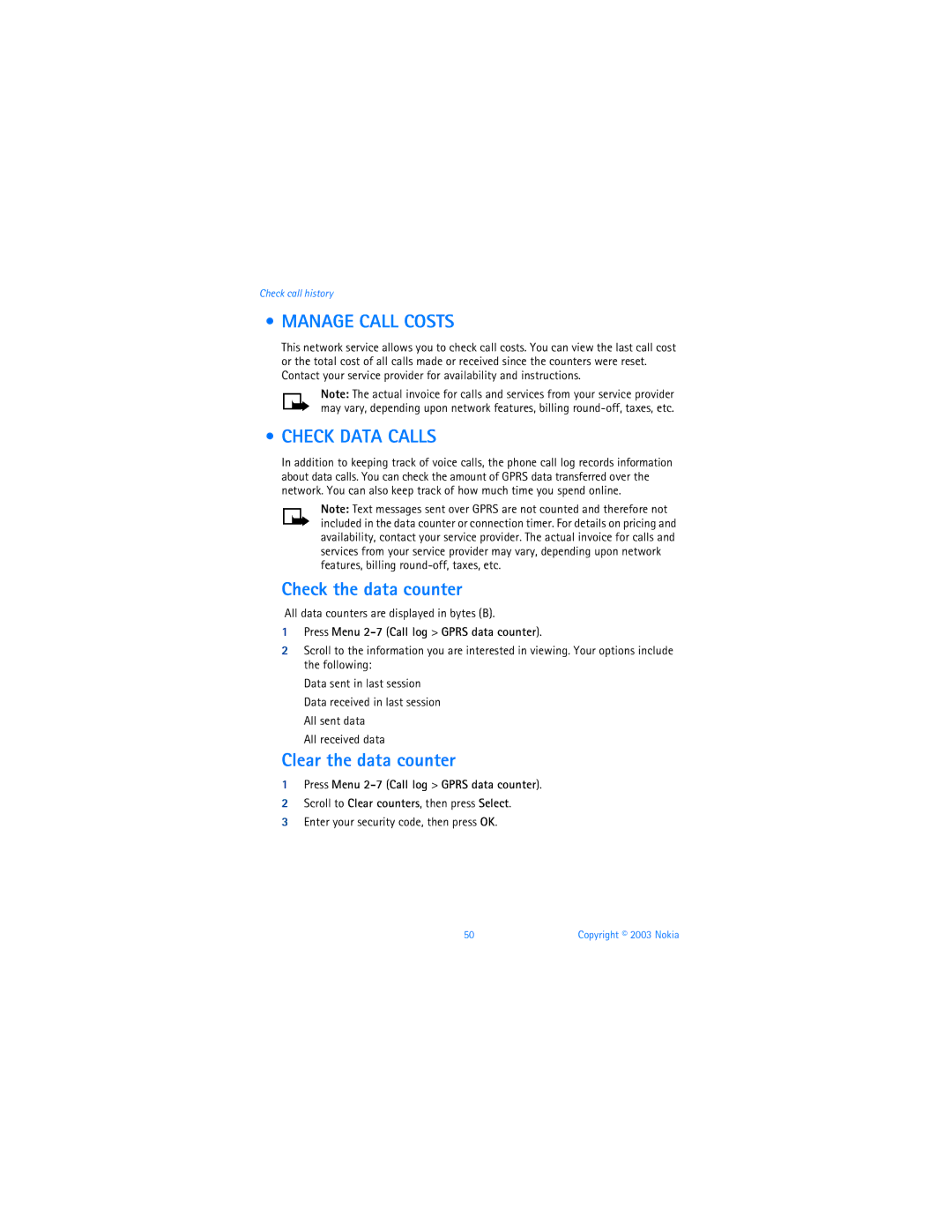 Nokia 3595 manual Manage Call Costs, Check Data Calls, Check the data counter, Clear the data counter 