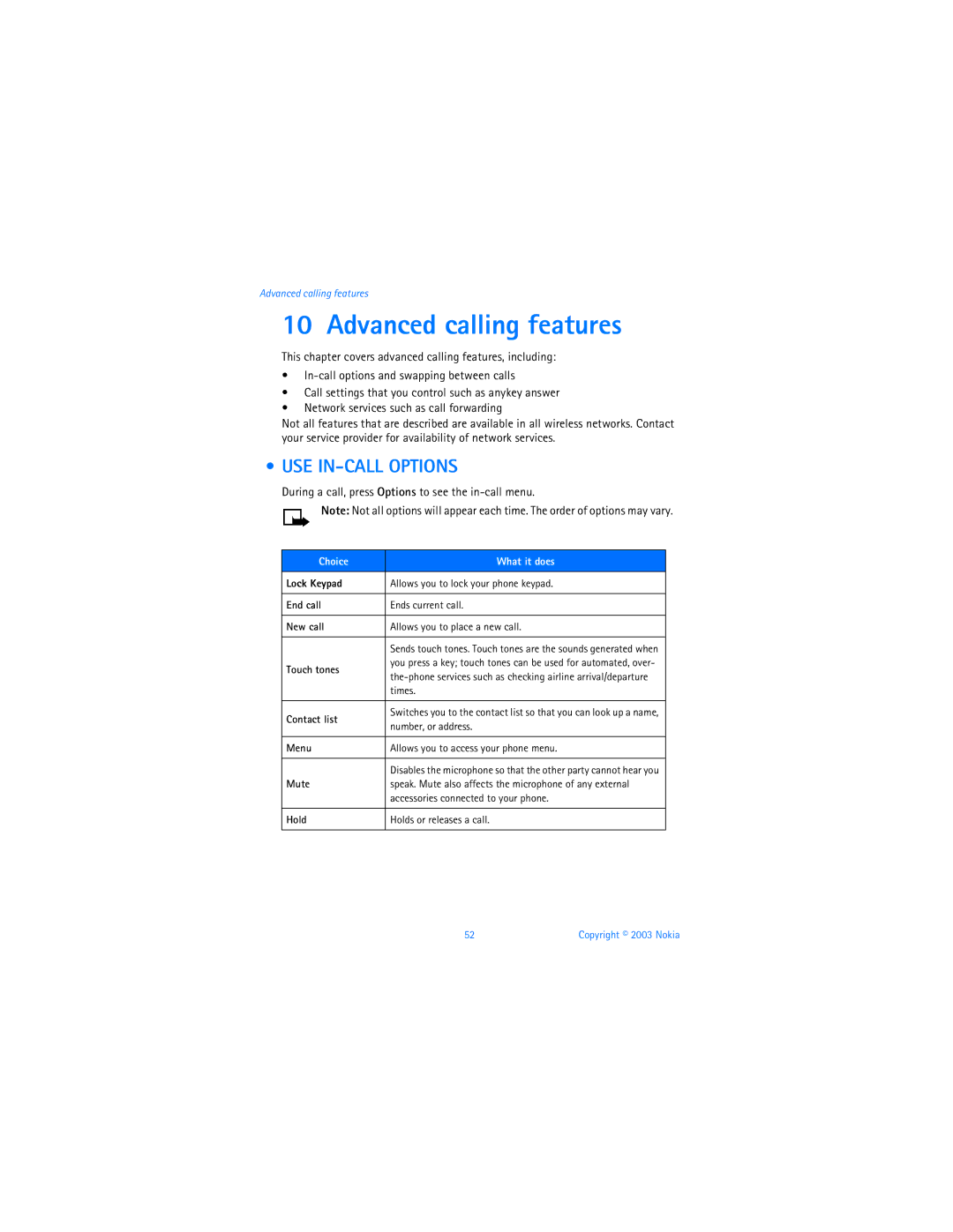 Nokia 3595 manual Advanced calling features, USE IN-CALL Options, During a call, press Options to see the in-call menu 