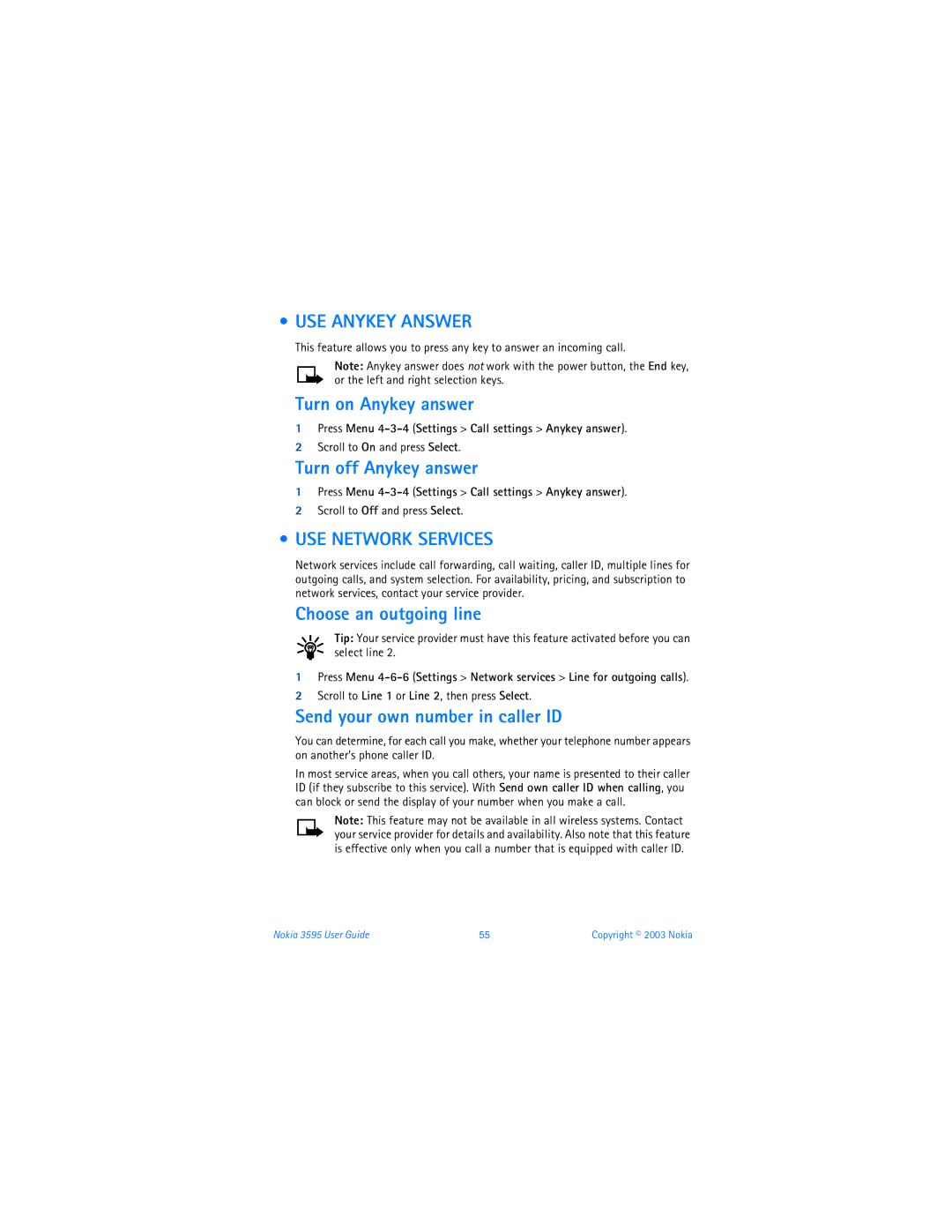 Nokia 3595 manual USE Anykey Answer, USE Network Services 