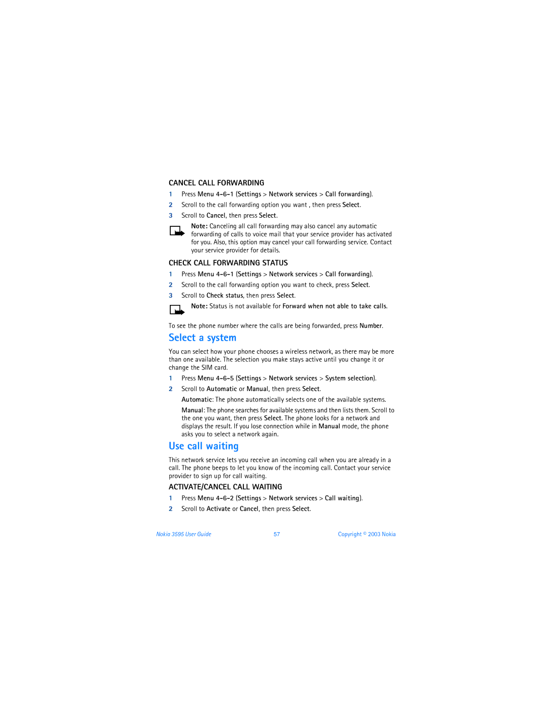 Nokia 3595 manual Select a system, Use call waiting, Cancel Call Forwarding, Check Call Forwarding Status 