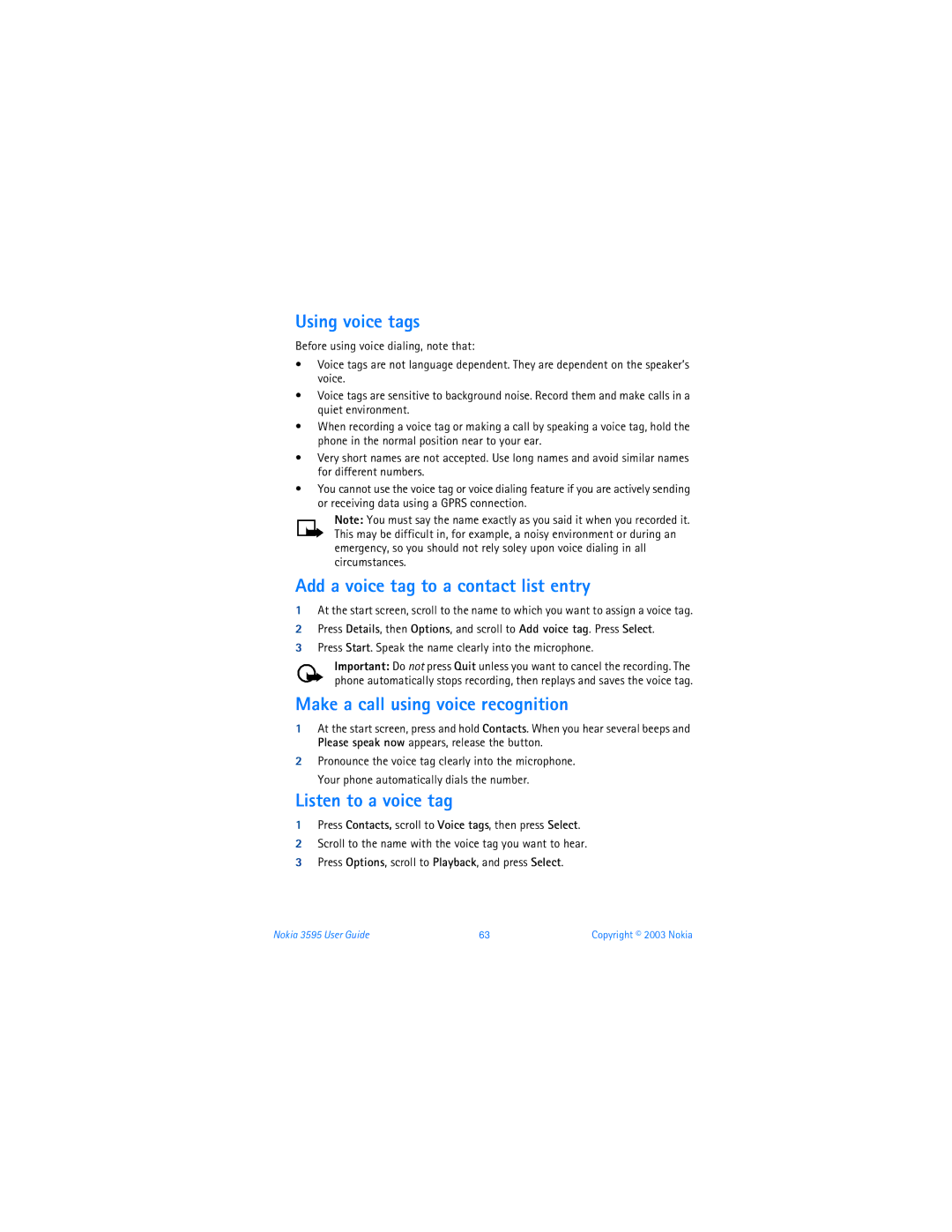 Nokia 3595 manual Using voice tags, Add a voice tag to a contact list entry, Make a call using voice recognition 
