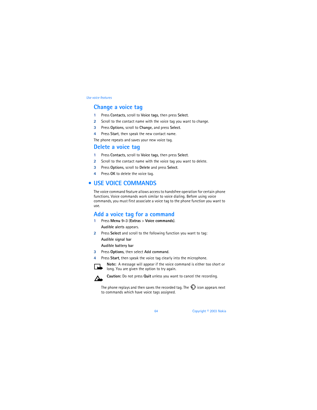 Nokia 3595 manual Change a voice tag, Delete a voice tag, USE Voice Commands, Add a voice tag for a command 