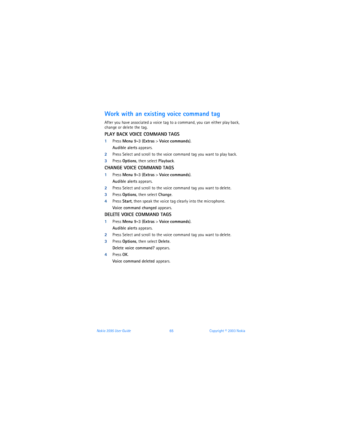 Nokia 3595 manual Work with an existing voice command tag, Play Back Voice Command Tags, Change Voice Command Tags 
