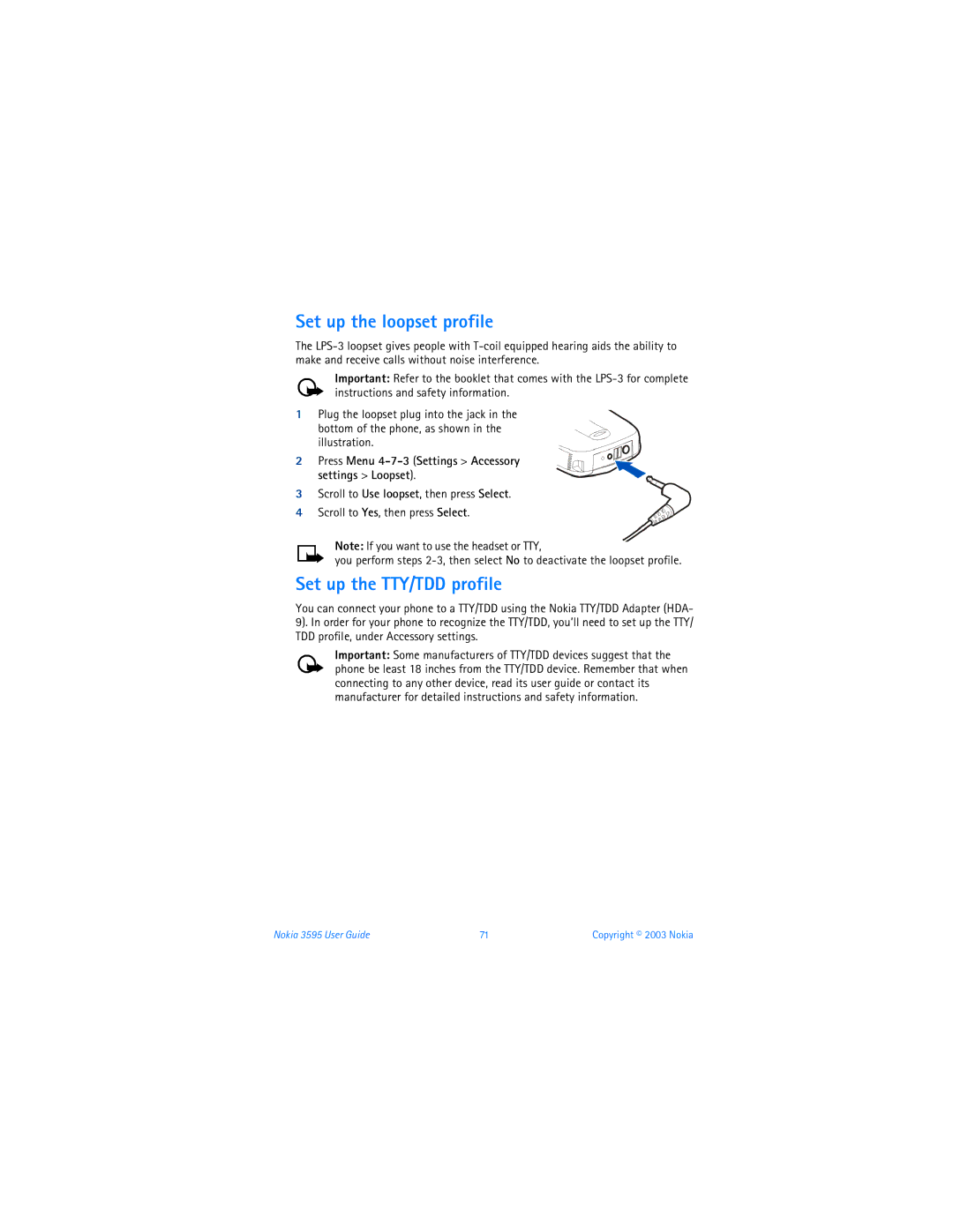 Nokia 3595 Set up the loopset profile, Set up the TTY/TDD profile, Press Menu 4-7-3 Settings Accessory settings Loopset 