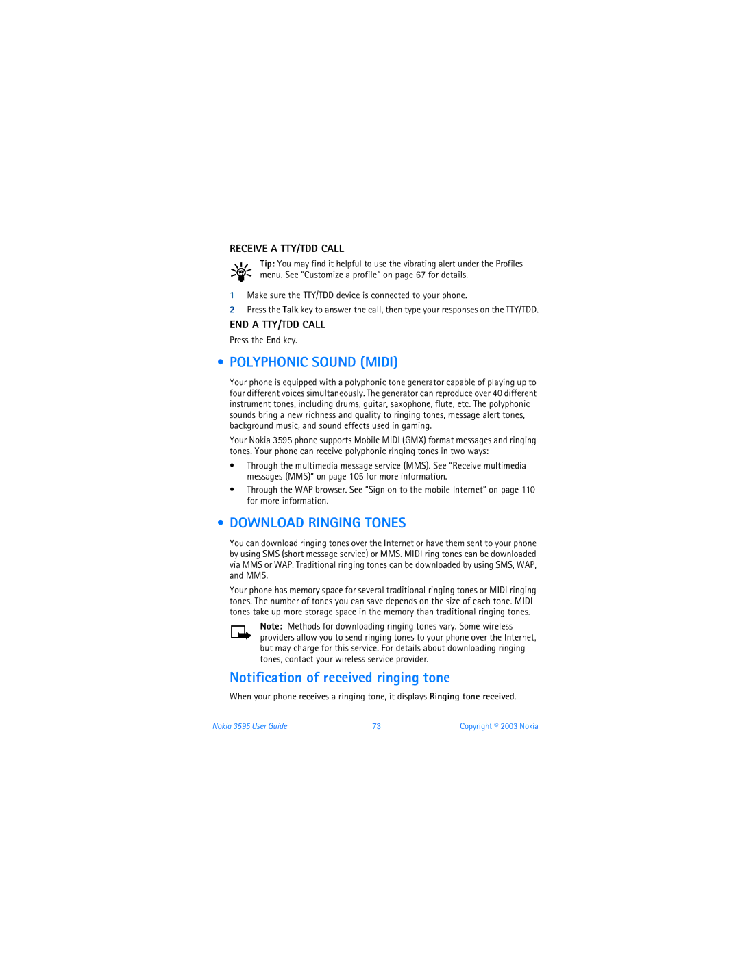 Nokia 3595 Polyphonic Sound Midi, Download Ringing Tones, Notification of received ringing tone, Receive a TTY/TDD Call 