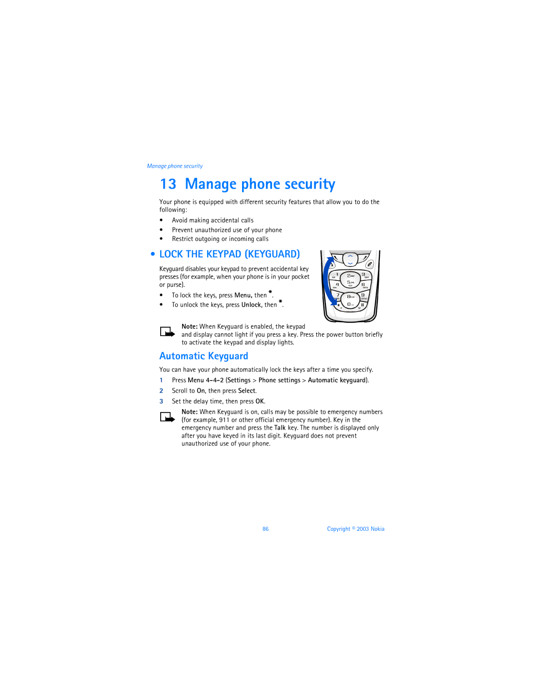 Nokia 3595 manual Manage phone security, Lock the Keypad Keyguard, Automatic Keyguard 