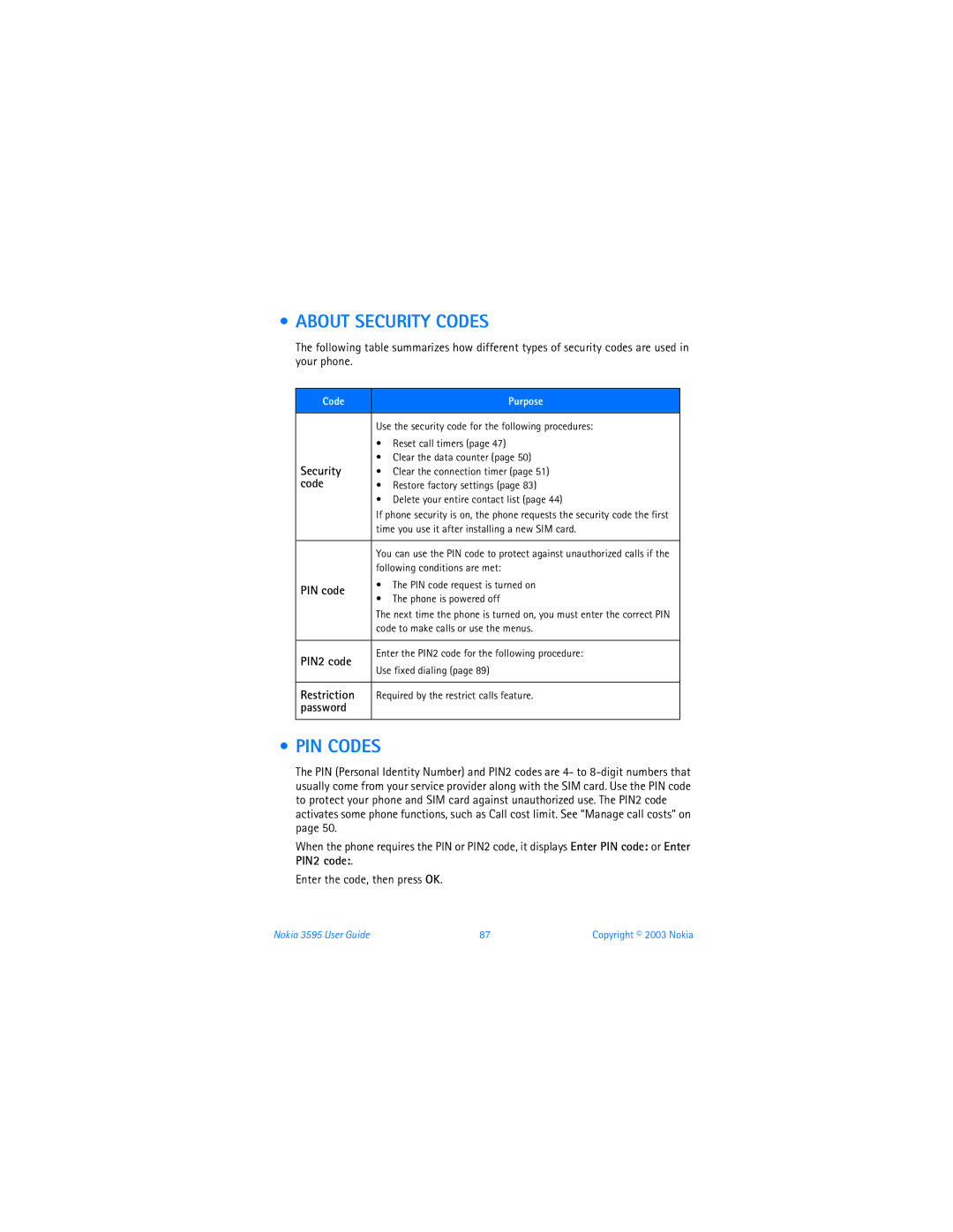 Nokia 3595 manual About Security Codes, PIN Codes 
